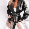 solid black pu leather jacket for women  winter fashion belted fake pockets jacket coat streetwear turn down collar outwear - Hplify