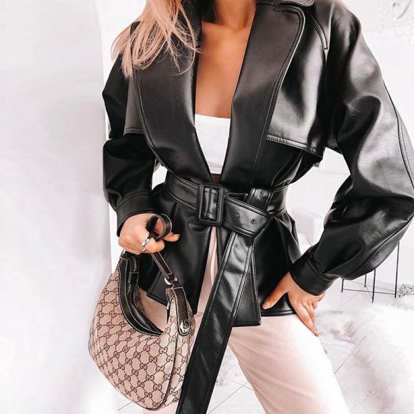 solid black pu leather jacket for women  winter fashion belted fake pockets jacket coat streetwear turn down collar outwear - Hplify