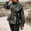 solid black pu leather jacket for women  winter fashion belted fake pockets jacket coat streetwear turn down collar outwear - Hplify