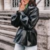 solid black pu leather jacket for women  winter fashion belted fake pockets jacket coat streetwear turn down collar outwear - Hplify