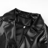 solid black pu leather jacket for women  winter fashion belted fake pockets jacket coat streetwear turn down collar outwear - Hplify