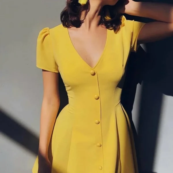 The Best Solid color V-neck short-sleeve single-row button high-waist dress Online - Hplify