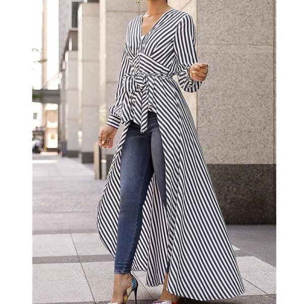 The Best Spring Autumn Women Blouse Black Strips V-Neck Long Sleeve Work Shirts Women office Tops Striped Blouse for Business Online - Hplify