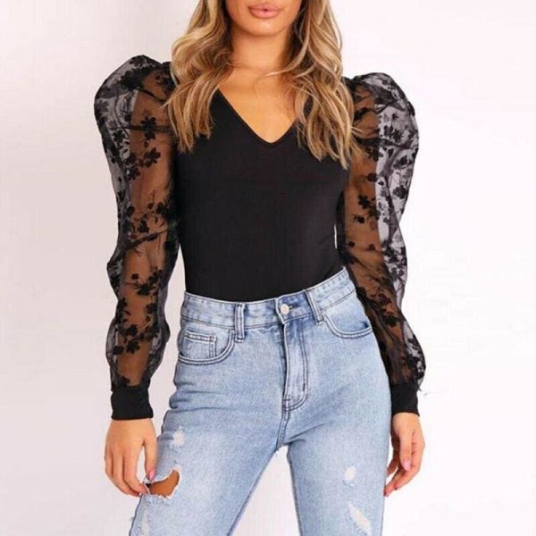 The Best Spring Women's Fashion Mesh Embroidered Sexy Rompers Clubwear Playsuit Long Sleeved Waist Skinny Bodysuit Slim V-neck Jumpsuit Online - Hplify