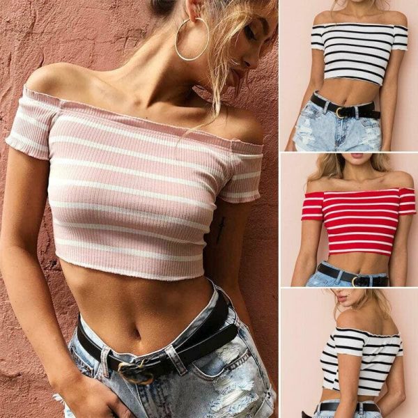 The Best Streetwear Women Summer Casual Striped Off Shoulder Short Shirt Fashion Beach Crop Top Vest Tank Online - Hplify