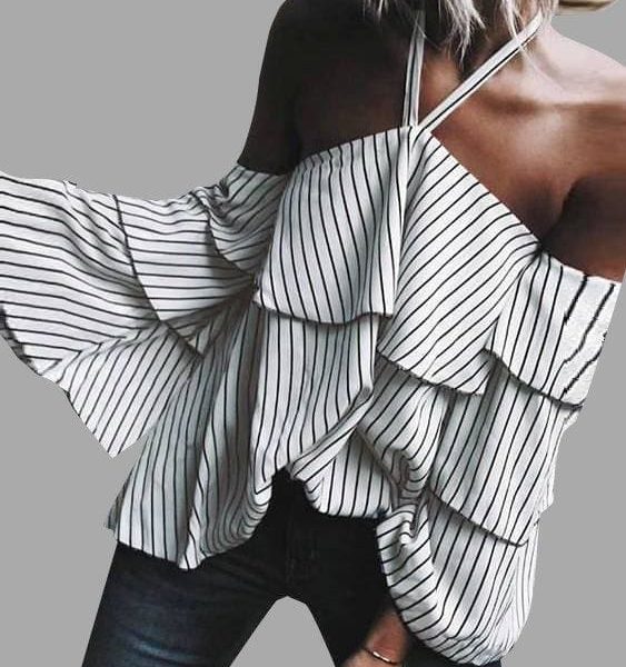 The Best Stripe Halter Ruffle Design Cold Shoulder Bell Sleeves Tops Online - Hplify