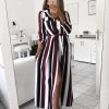 The Best Stripe Turn-Down Collar Button Autumn Summer Long Sleeve Dress Online - Source Silk