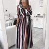 The Best Stripe Turn-Down Collar Button Autumn Summer Long Sleeve Dress Online - Source Silk
