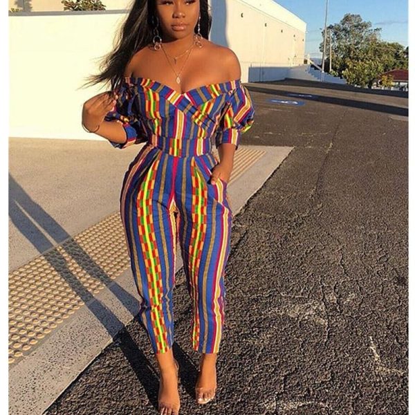 The Best Striped Women Jumpsuit Off Shoulder Strapless Romper Ladies Summer Casual Long Pants Trouser Streetwear Online - Hplify