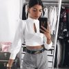 The Best Stylish Women's Casual Hollow Out Long Sleeve Tops Shirt Autumn Ladies Round Neck Slim Fit Party Blouse Tops Online - Hplify