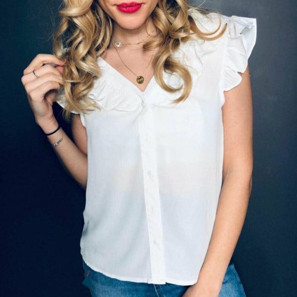The Best Summer Fashion V-Neck Chiffon Women Casual Loose Blouse New Ladies Sleeveless Lace White Tops Shirt Online - Hplify