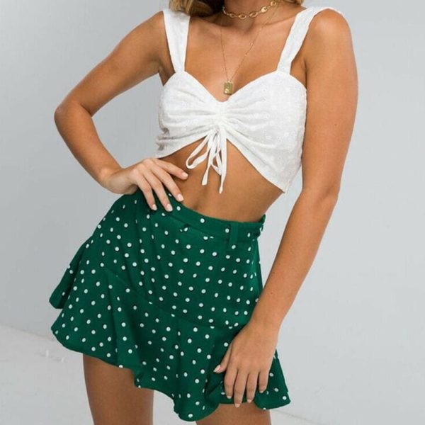 The Best Summer High Waist  A Line Circle Elastic Stretch Pleated Flared Beach Polka Dot Mini Skirt Online - Hplify