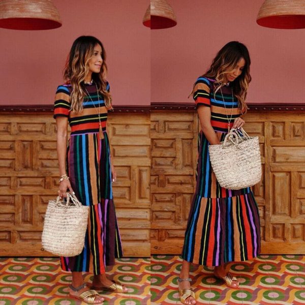 The Best Summer Holiday Dress Women Stripe Boho Short Sleeve Long Maxi Dress New Ladies Casual Beach Sundress Online - Hplify