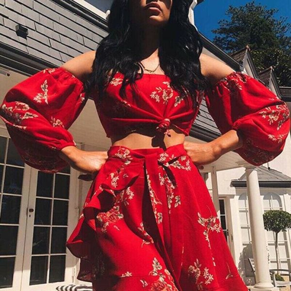 The Best Summer Holiday Women 2 Piece Set Off Shoulder Blouse Plus Skirts Bandage Bandeau Crop Top Skirt Beach Outfit Sundress Online - Hplify