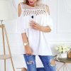 The Best Summer Ladies Mesh Openwork Short Sleeve Tops Shirt Women Casual Loose Ruffled Off-Shoulder Blouse Shirt Online - Hplify