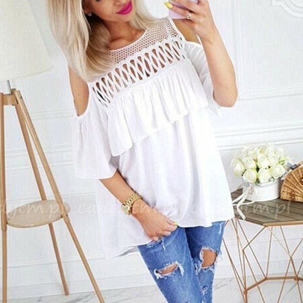 The Best Summer Ladies Mesh Openwork Short Sleeve Tops Shirt Women Casual Loose Ruffled Off-Shoulder Blouse Shirt Online - Hplify