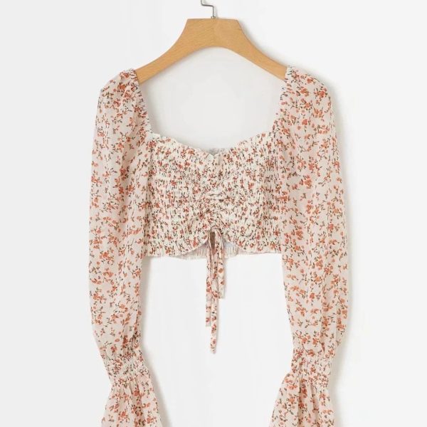 The Best Summer Long Lantern Sleeve Square Collar Beige Print Blouse Women Online - Hplify