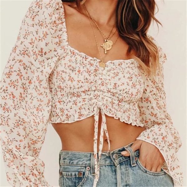 The Best Summer Long Lantern Sleeve Square Collar Beige Print Blouse Women Online - Hplify