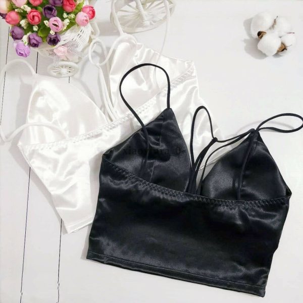 The Best Summer Satin Crop Tops Women Bralette Bustier Bra Vest Shirt V Neck Ladies Tops Online - Hplify