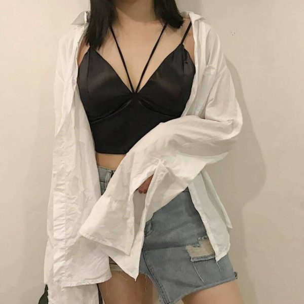 The Best Summer Satin Crop Tops Women Bralette Bustier Bra Vest Shirt V Neck Ladies Tops Online - Hplify