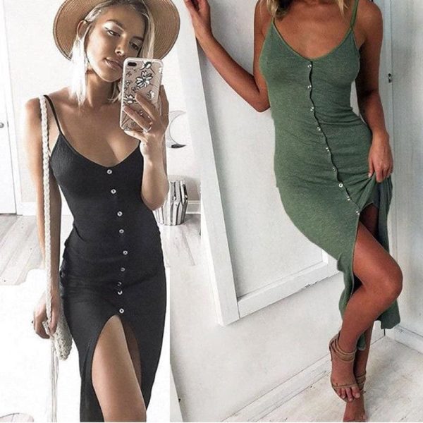 The Best Summer Sexy Fashion Dress Women Ladies Summer Sleeveless V-Neck Skinny Solid Button High Waist Ankle-Length Dress Online - Hplify