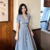 The Best Summer Vintage V-neck Single Breasted Dress Women's Lovely Dresses Online - Hplify