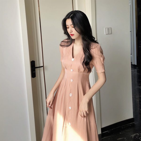 The Best Summer Vintage V-neck Single Breasted Dress Women's Lovely Dresses Online - Hplify