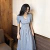 The Best Summer Vintage V-neck Single Breasted Dress Women's Lovely Dresses Online - Hplify