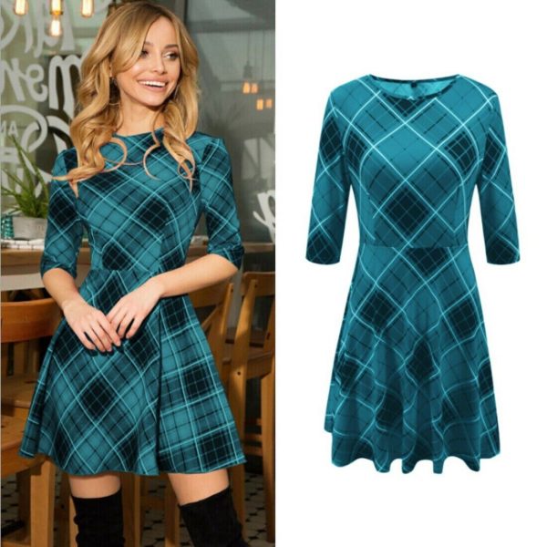 The Best Summer Women Boho Plaid Check Midi Dress Ladies Elegant Formal Party Beach Wrap Casual Bodycon Round Neck Dress Online - Hplify