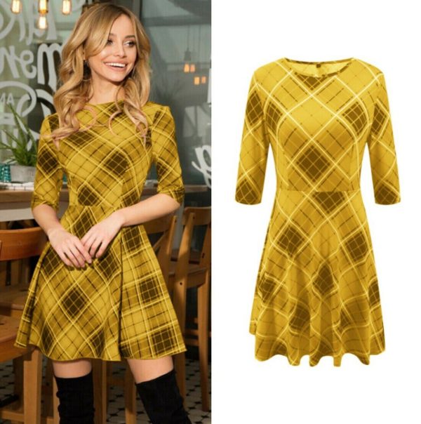 The Best Summer Women Boho Plaid Check Midi Dress Ladies Elegant Formal Party Beach Wrap Casual Bodycon Round Neck Dress Online - Hplify