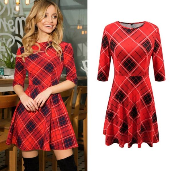 The Best Summer Women Boho Plaid Check Midi Dress Ladies Elegant Formal Party Beach Wrap Casual Bodycon Round Neck Dress Online - Hplify