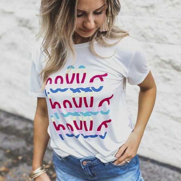 The Best Summer Women Casual Tops Short Sleeve Fashion Crew Neck Loose Beach Floral Printed Letter Cotton T-Shirt Online - Hplify