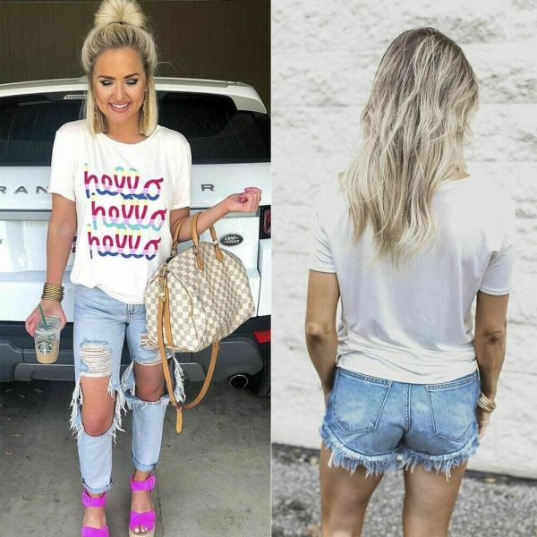 The Best Summer Women Casual Tops Short Sleeve Fashion Crew Neck Loose Beach Floral Printed Letter Cotton T-Shirt Online - Hplify