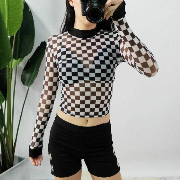 The Best Summer Women Crop Top Clubwear Fashion Plaid Casual Long Sleeve See-Through T-Shirt Beach Holiday Slim Fit Tees Online - Hplify