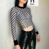 The Best Summer Women Crop Top Clubwear Fashion Plaid Casual Long Sleeve See-Through T-Shirt Beach Holiday Slim Fit Tees Online - Hplify