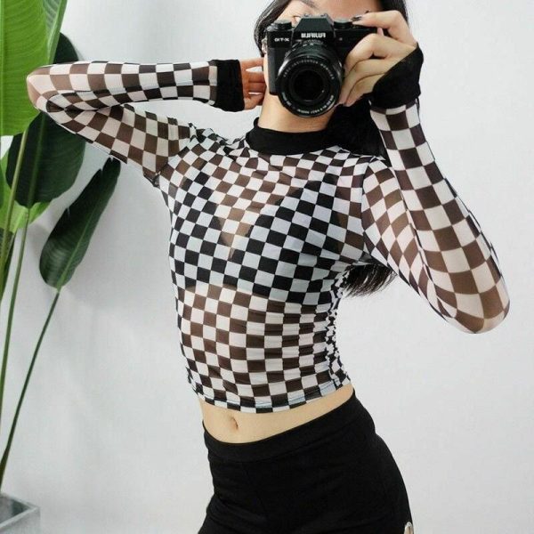 The Best Summer Women Crop Top Clubwear Fashion Plaid Casual Long Sleeve See-Through T-Shirt Beach Holiday Slim Fit Tees Online - Hplify