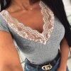 The Best Summer Women Deep V-Neck Lace Stitching Tight T-Shirt Ladies Casual Short Sleeves Tops Solid Slim Shirts Online - Hplify