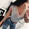 The Best Summer Women Deep V-Neck Lace Stitching Tight T-Shirt Ladies Casual Short Sleeves Tops Solid Slim Shirts Online - Hplify