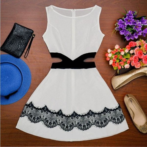 The Best Summer Women Dress OL Lady Sleeveless O-neck Lace Patchwork Casual Slim Fit Hollow Out Mini Waist Dress white black Online - Hplify