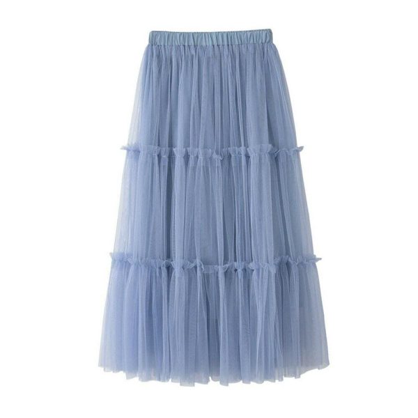 The Best Summer Women Elastic Mesh Tulle Pleated Skirt Ladies Casual Holiday A-Line High Waist Solid Long Maxi Skirt Online - Hplify