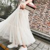 The Best Summer Women Elastic Mesh Tulle Pleated Skirt Ladies Casual Holiday A-Line High Waist Solid Long Maxi Skirt Online - Hplify