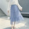 The Best Summer Women Elastic Mesh Tulle Pleated Skirt Ladies Casual Holiday A-Line High Waist Solid Long Maxi Skirt Online - Hplify
