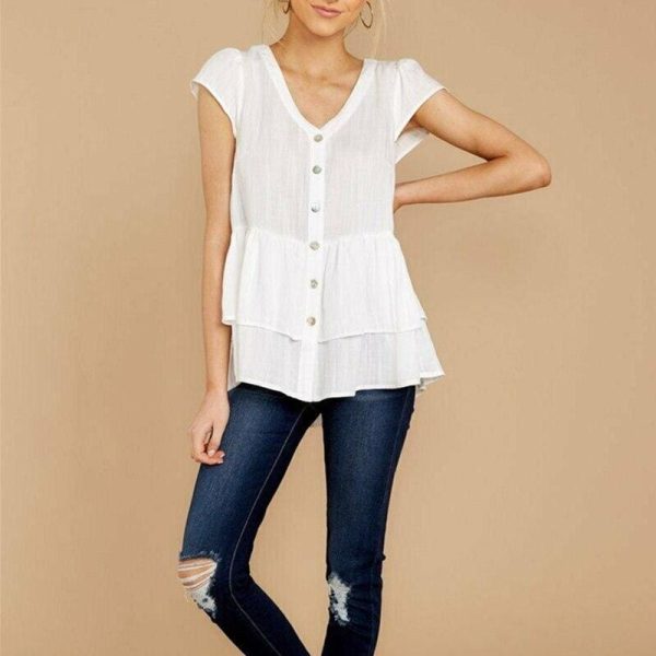 The Best Summer Women Ladies Fashion V-neck Short Sleeve Tops Casual Loose Cotton Button Blouse Tops V-Neck Solid New Tops Online - Hplify