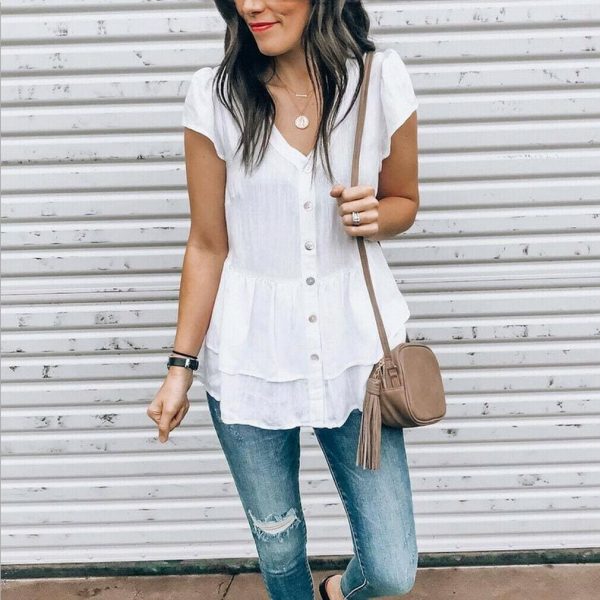The Best Summer Women Ladies Fashion V-neck Short Sleeve Tops Casual Loose Cotton Button Blouse Tops V-Neck Solid New Tops Online - Hplify