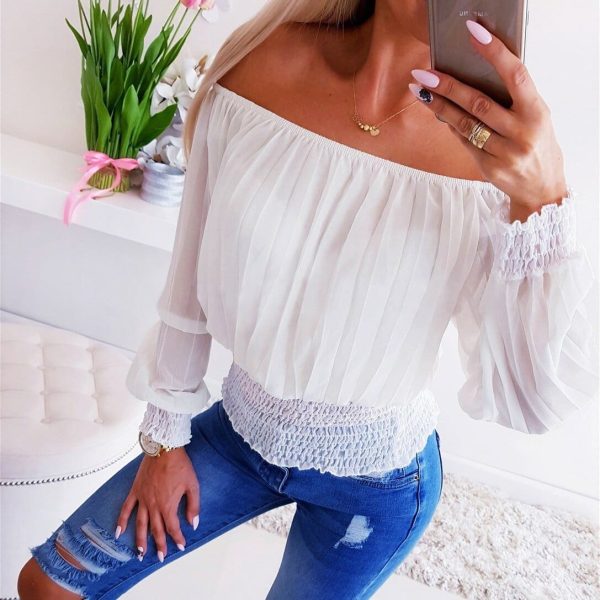 The Best Summer Women Ladies Off Shoulder Pleated Blouse Long Sleeve Casual Slim Streetwear Fashion Female OL Tops Online - Hplify