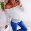 The Best Summer Women Ladies Off Shoulder Pleated Blouse Long Sleeve Casual Slim Streetwear Fashion Female OL Tops Online - Hplify