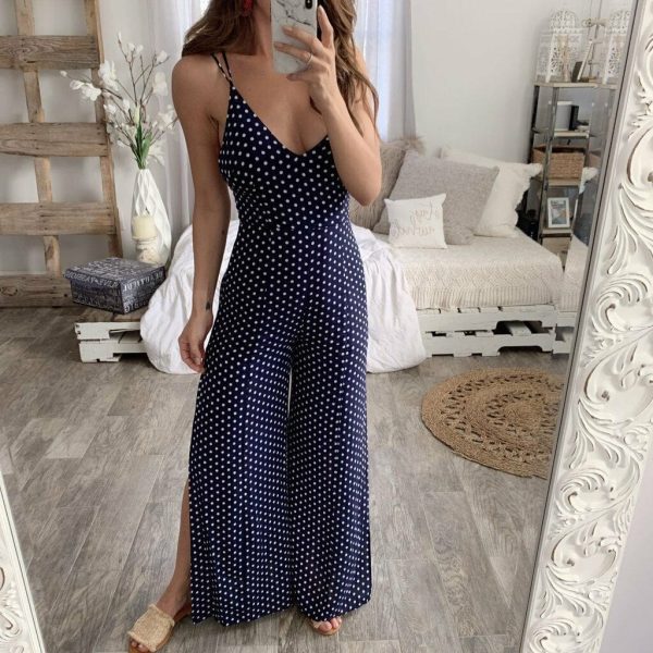 The Best Summer Women New Deep V-Neck Sleeveless Wide Leg Jumpsuit Polka Dot Rompers Fashion Ladies Clubwear Holiday Casual Jumpsuit Online - Hplify