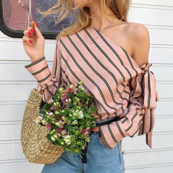 The Best Summer Women New Striped Loose Blouse Fashion Ladies Off Shoulder Lace Up Shirts Female Elegant Tops Blouses Online - Hplify