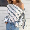The Best Summer Women New Striped Loose Blouse Fashion Ladies Off Shoulder Lace Up Shirts Female Elegant Tops Blouses Online - Hplify