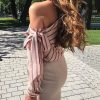 The Best Summer Women New Striped Loose Blouse Fashion Ladies Off Shoulder Lace Up Shirts Female Elegant Tops Blouses Online - Hplify